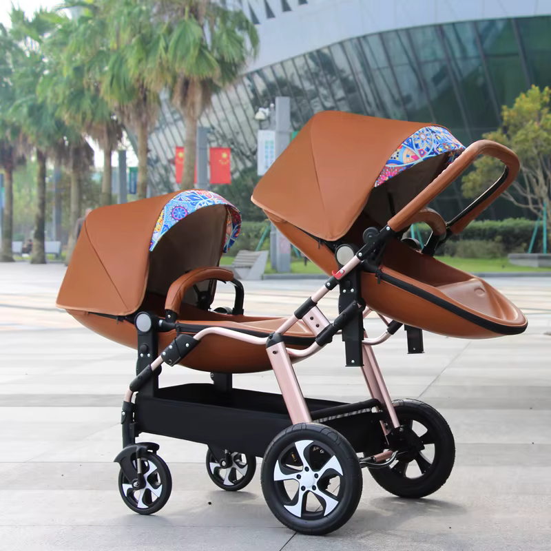 2025 Neuer Luxus-Kinderwagen für Zwillinge, Einzelwagen aus PU-Leder mit Aluminiumrahmen, Baby kann sitzen und liegen, doppelter Kinderwagen